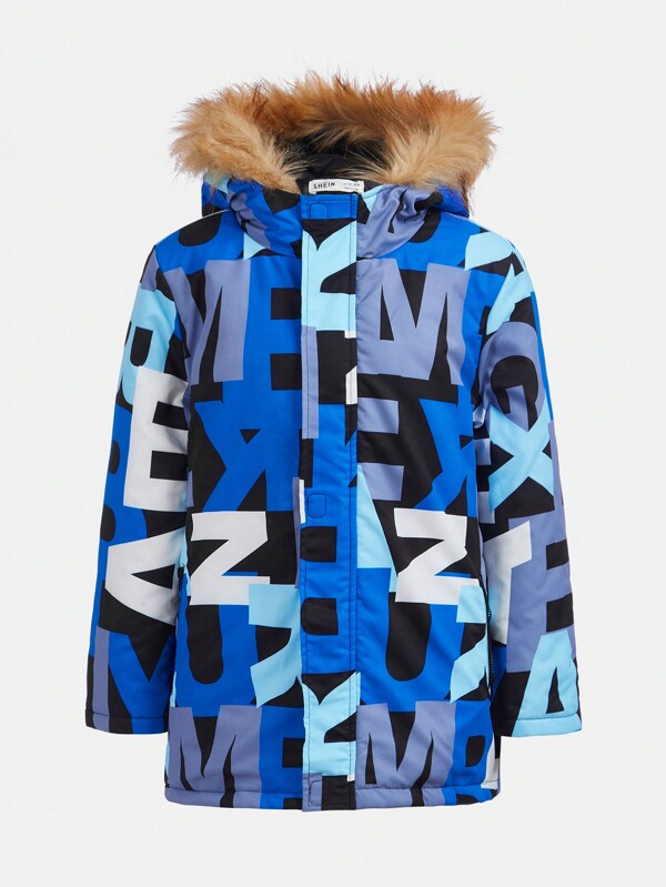 SHEIN Tween Boy Letter Graphic Fuzzy Trim Hooded Thermal Lined Caot