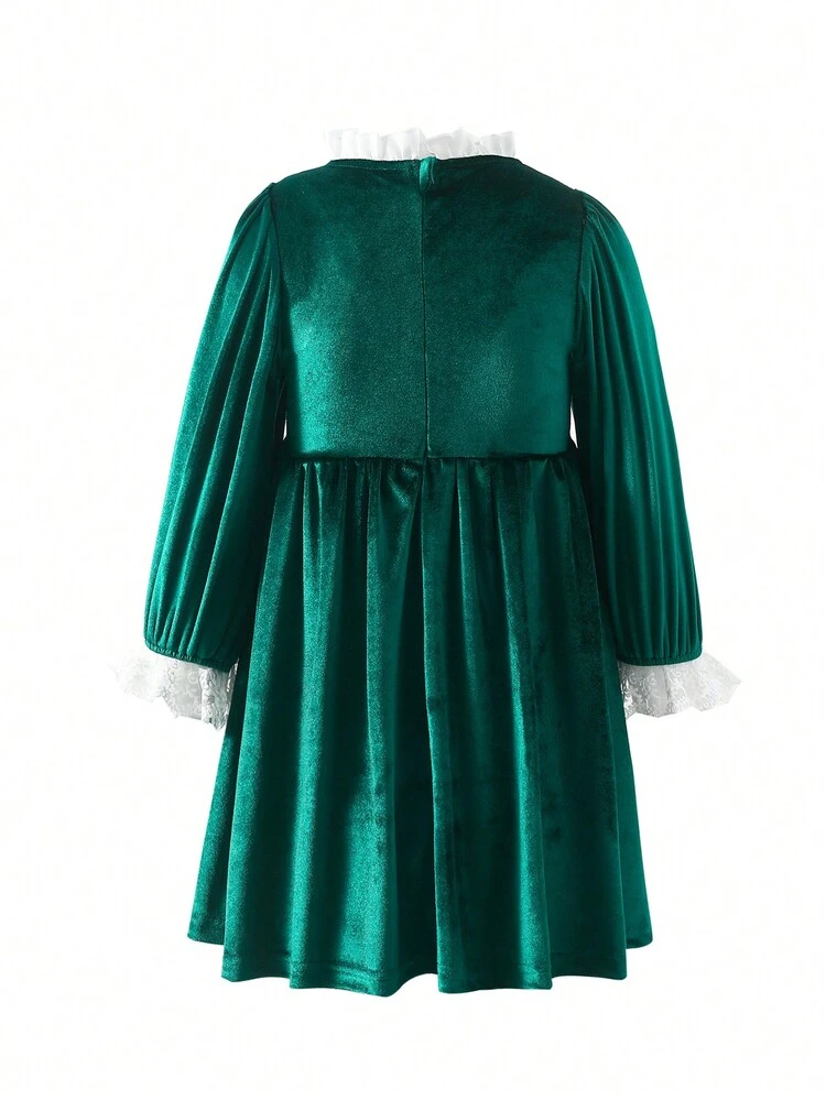 Young Girl Contrast Embroidery Mesh Flare Sleeve Velvet Dress