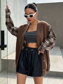 DAZY Hoa văn kẻ sọc Thả vai Nút phía trước Áo len Mở - màu nâu - Xem 5