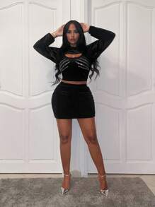 Slaydiva Rhinestone Detail Cut Out Crop Hoodie & Bodycon Skirt - Black - View 6
