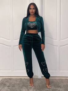 Slaydiva Pha lê Hình trái tim Crop Tank Top & Dây kéo Áo khoác & Quần - Màu xanh lá cây đậm - Xem 6