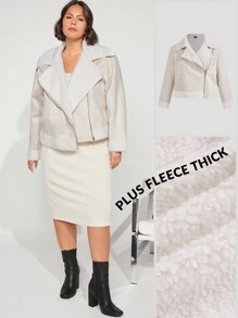 SHEIN BASICS Plus Zip Up Teddy Lined Moto Jacket - Apricot - View 1