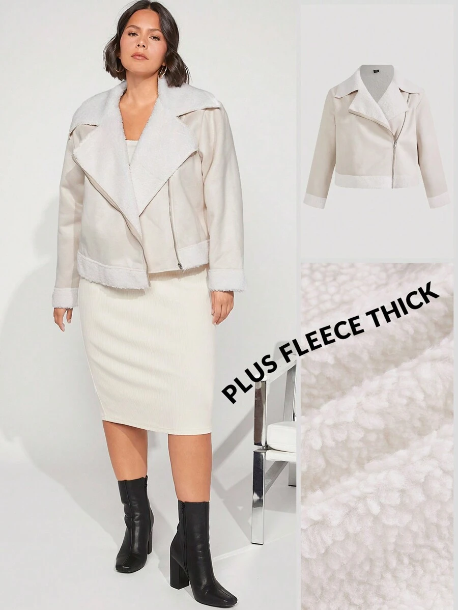 SHEIN BASICS Plus Zip Up Teddy Lined Moto Jacket - Apricot - View 1