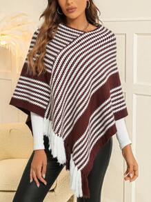 SHEIN Clasi Mẫu sọc Viền rìa Áo len Poncho - Cà phê nâu - Xem 1