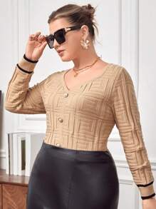 SHEIN Privé Plus Button Front Contrast Trim Sweater - Khaki - View 1
