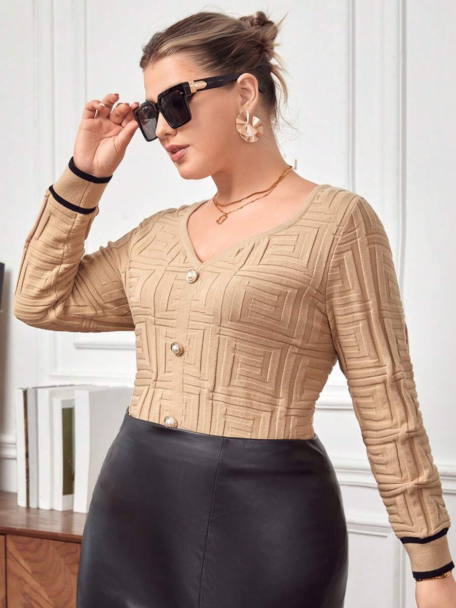 SHEIN Privé Plus Button Front Contrast Trim Sweater - Khaki - View 1