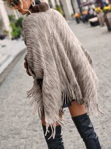 EMERY ROSE Fuzzy Trim Fringe Hem Space Dye Batwing Sleeve Cardigan,Long Sleeve Tops - Khaki - View 2