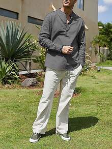 Men Solid Half Button Shirt - Grey - View 4