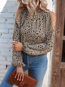 SHEIN LUNE Blusa holgada de manga farol con estampado floral diminuto y hombros descubiertos, blusas de manga larga - Caqui - Ver 6