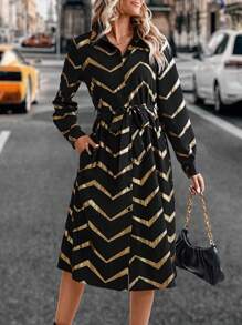 SHEIN LUNE Gold Chevron Print Belted Shirt Dress Maxi Women Outfit - Black - View 1
