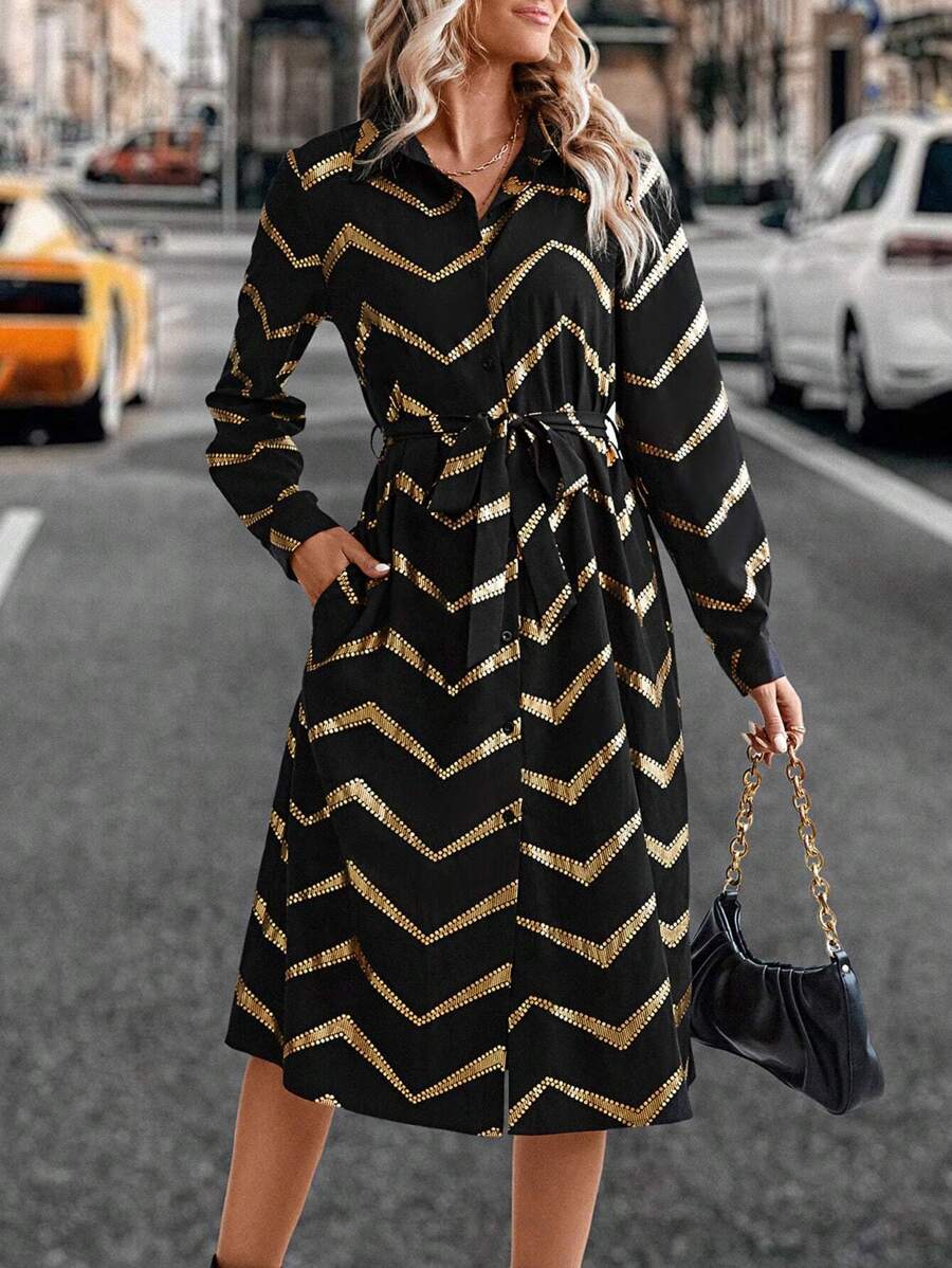 SHEIN LUNE Gold Chevron Print Belted Shirt Dress Maxi Women Outfit - Black - View 1