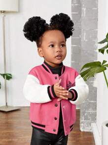 SHEIN Baby Girl Letter Patched Striped Trim Varsity Jacket - Pink - View 3