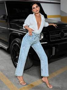 EURMUSE 女款高腰珍珠鑲飾斜口袋直筒牛仔褲 - 藍色 - 查看 4