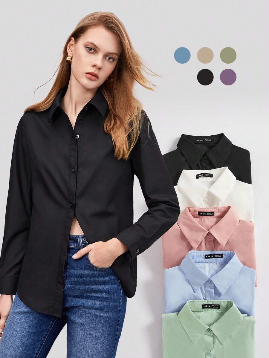 BizChic Blouse à manches longues et boutons noire en coton unicolore, ample et décontractée, chemise de bureau élégante pour femmes