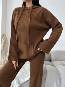 EURMUSE Kangaroo Pocket Drop Shoulder Drawstring Hooded Sweater & Knit Pants - Camel - View 4