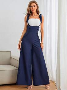 SHEIN Privé 雙排釦闊腿亞麻效果背帶連體褲 - 藏蓝色 - 查看 6