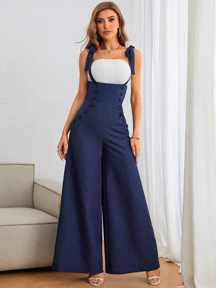 SHEIN Privé ダブルブレスト ワイドレッグ リネンルック サスペンダー