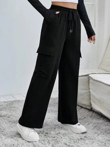 SHEIN PETITE 側翻蓋口袋腰部抽繩工裝褲 - 黑色 - 查看 3