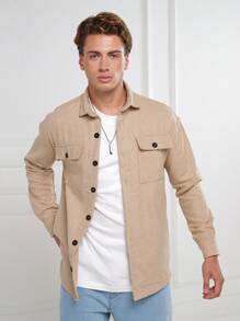 RueChic Men Flap Pocket Button Front Jacket - Beige - View 1