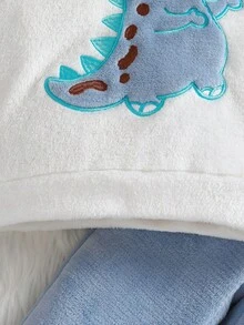 SHEIN 男小童恐龍刺繡插肩袖法蘭絨衛衣和褲子 - 藍色 - 查看 6
