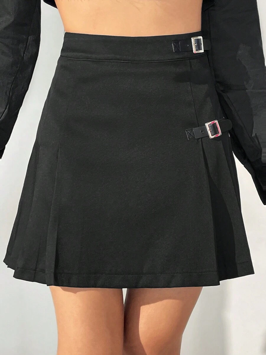 SHEIN EZwear Cao eo Chi tiết nút buộc Xếp nếp Váy - màu đen - Xem 1