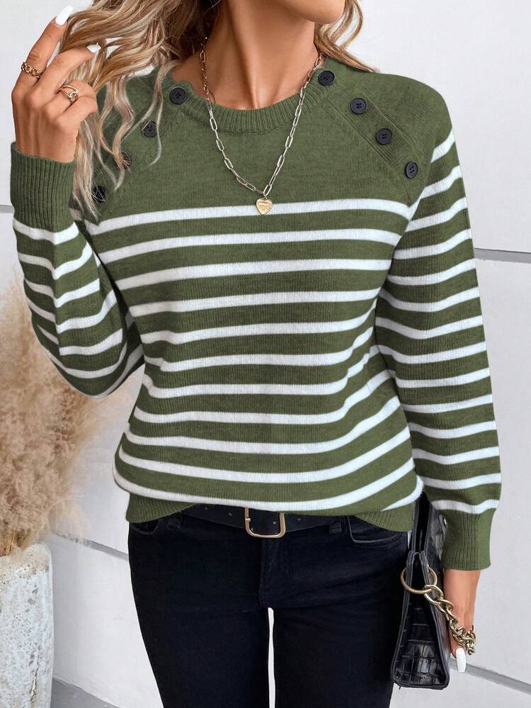 Striped Pattern Button Detail Raglan Sleeve Sweater,Long Sleeve Tops Knit Pullover Fall Winter Sweater
