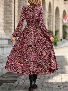 SHEIN LUNE Leopard Print Lantern Sleeve Dress - Hot Pink - View 2