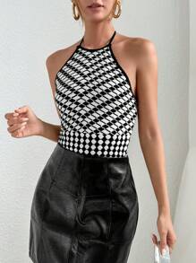 SHEIN Essnce Họa tiết Toàn thân Ca-vát Backless Halter Neck Không lưng Áo hai dây - Đen và trắng - Xem 5