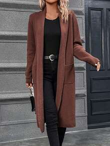 SHEIN Essnce Dual Pocket Open Front Belted Cardigan - Brown - View 5