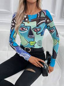 SHEIN LUNE 人像圖案船領上衣 - 彩色 - 查看 4