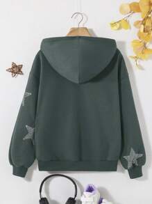 SHEIN Teen Girl Rhinestone Star Pattern Drop Shoulder Zipper Hoodie - Green - View 2