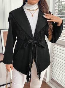 SHEIN Clasi 大碼流蘇邊大翻領腰帶外套 - 黑色 - 查看 4