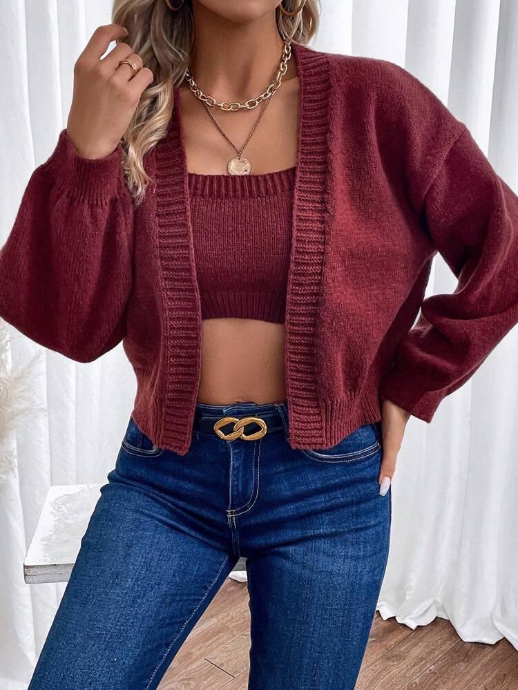 Drop Shoulder Duster Cardigan & Cami Knit Top Fall Cloth For Women