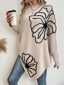 EMERY ROSE Floral Pattern Batwing Sleeve Asymmetrical Hem Sweater,Long Sleeve Tops