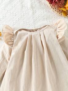 女婴秋季长袖盖袖褶皱连衣裙，甜美可爱风格，水洗皱褶设计面料，非常适合秋季服装 - 杏色 - 查看 7