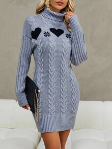 SHEIN Clasi 愛心圖案高領麻花編織落肩袖毛衣洋裝 - 灰色 - 查看 4