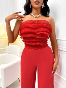 素色打褶荷葉邊抹胸連體褲 - 紅色 - 查看 3