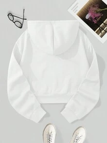 SHEIN EZwear Street View And Letter Graphic Thermal Lined Drawstring Crop Hoodie - White - View 2