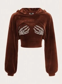 SHEIN EZwear 大码水钻骷髅图案落肩卫衣和吊带背心 - 摩卡棕 - 查看 1