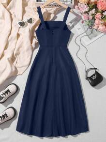 Teen Girl Button Front Overall Dress - Navy Blue - View 2