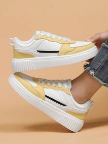 女士运动鞋，黄色休闲鞋，白色平底滑板鞋 - 黃色 - 查看 2