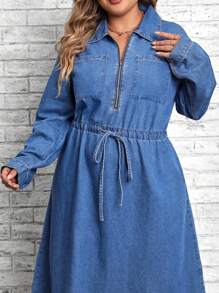 SHEIN LUNE Plus Half Zip Drawstring Waist Denim Dress - Medium Wash - View 5