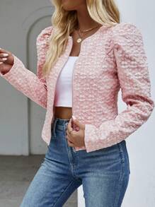 SHEIN Clasi Jacquard Gigot Sleeve Zip Up Jacket - Pink - View 6