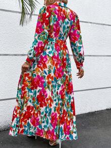 SHEIN VCAY Allover Floral Print Lantern Sleeve Belted Dress - Red - View 3