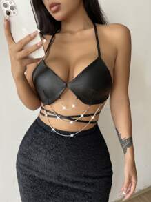 Allurite Rhinestone Detail Crisscross Tie Backless Halter Top - Black - View 5