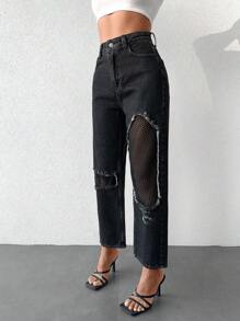 EURMUSE Contrast Fishnet Ripped Straight Leg Jeans - Black - View 4