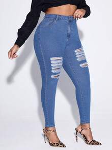 SHEIN EZwear Talla grande Jeans ajustados desgarro con cremallera - Azul lavado medio - Ver 4