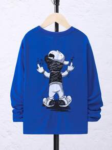 SHEIN Leap Crew 青少年男孩休闲印花圆领宽松长袖纯色针织 T 恤 - 藍色 - 查看 6