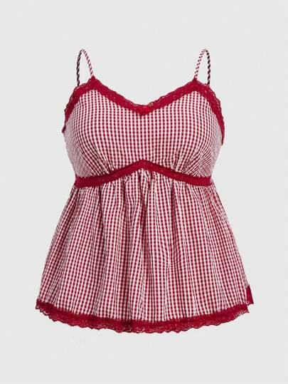 Kawaii Plus Gingham Print Lace Trim Babydoll Cami Top