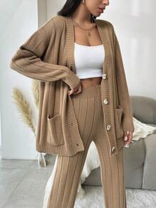 EURMUSE Drop Shoulder Cardigan & Knit Pants - Bronze - View 5